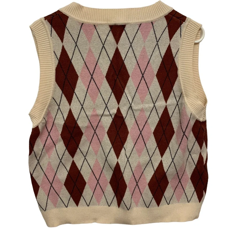 Princess Polly Argyle Sweater Vest Pink Brown Preppy V Neck Knit